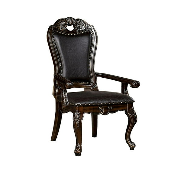 Ons 29 Inch Carved Dining Armchair, Set of 2, Brown Faux Leather- Saltoro Sherpi