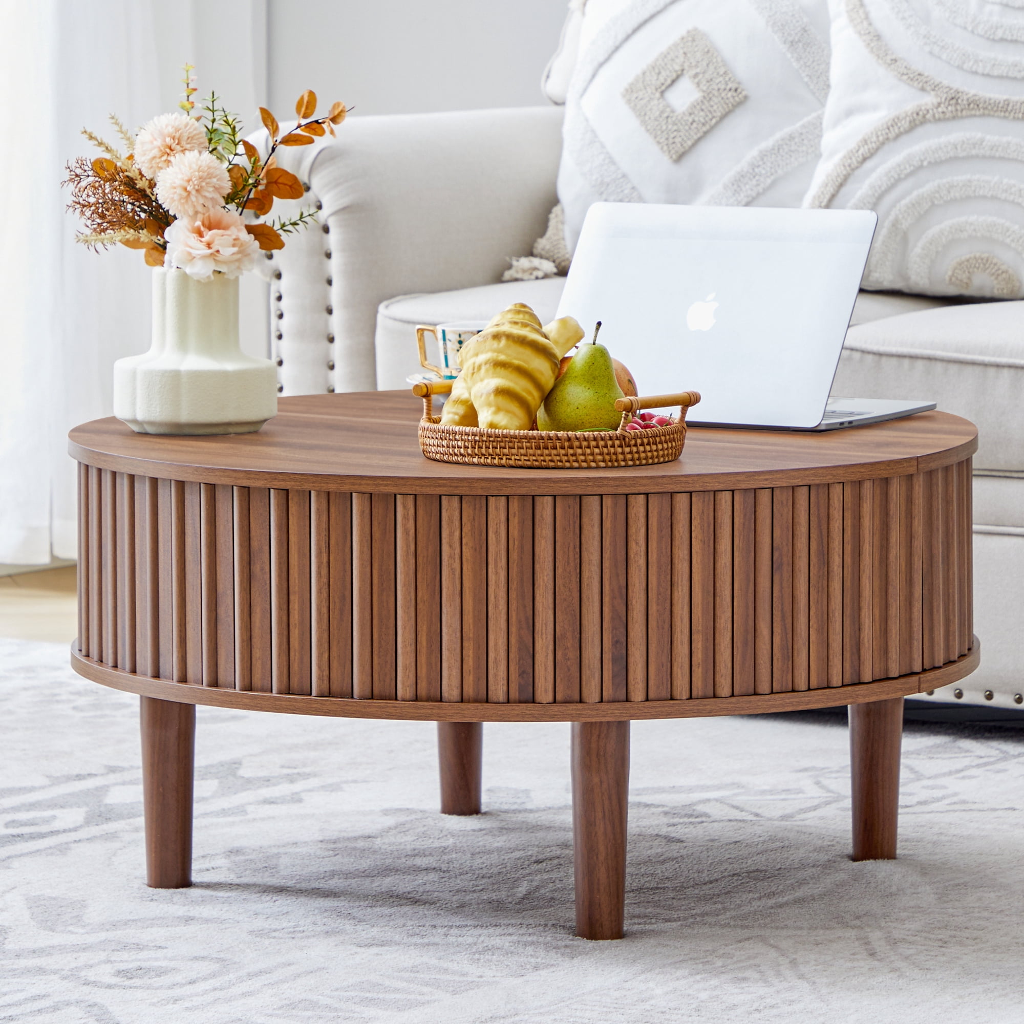 MIYZEAL 31.5" Round Lift Top Coffee Table with Storage, Fluted Mid Century Modern Wooden Center Table with Hidden Compartment, Coffee Table for Living Room, Apartment, Office（Walnut）