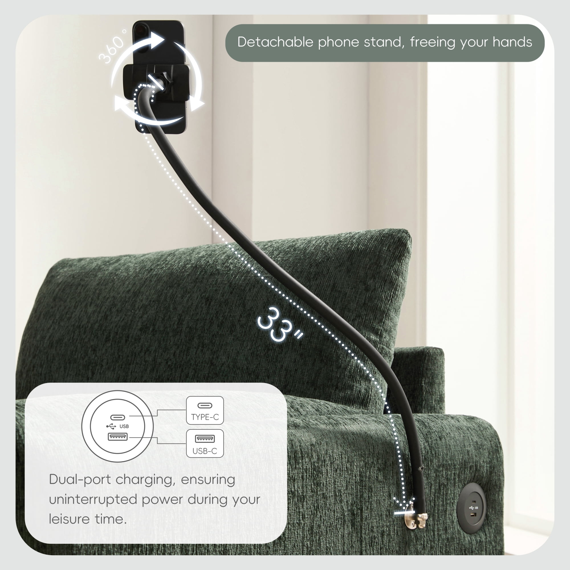 38" Accent Chair with Storage Ottoman, Single Sofa with USB Charger and Phone Holder, Wide Seat Chaise Lounge for Living Room&Apartment,Green