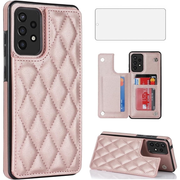 Asuwish Kickstand Hard Shell Wallet RFID Blocking Cell Phone Case with 1 Phone Case 1 Piece Tempered Glass Screen Protector for Samsung Galaxy A52/A52S 5G ,Rose Gold