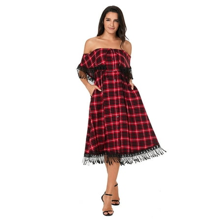 women s off shoulder red plaid fringe dress scotland plaid dress
