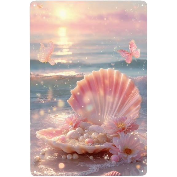 Beach Ocean Seashell Butterfly Metal Tin Sign, Vintage Wall Poster for Living Room, Nature Decor, Coastal Wall Art, 8 x 12 Inch