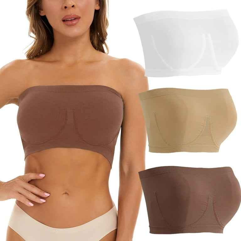 Qcmgmg Push Up Strapless Bra 3 Pack Full Coverage Solid Bandeaus T-Shirt  Bra Coffee 3XL 