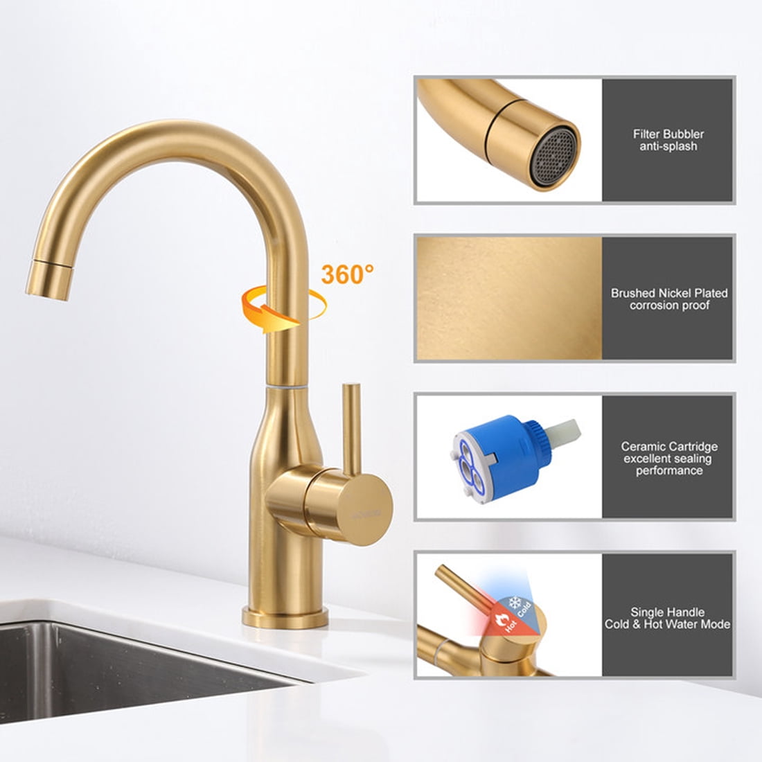 Bathroom Sink Faucet 1 Hole Brushed Gold Single Handle Kitchen Faucet