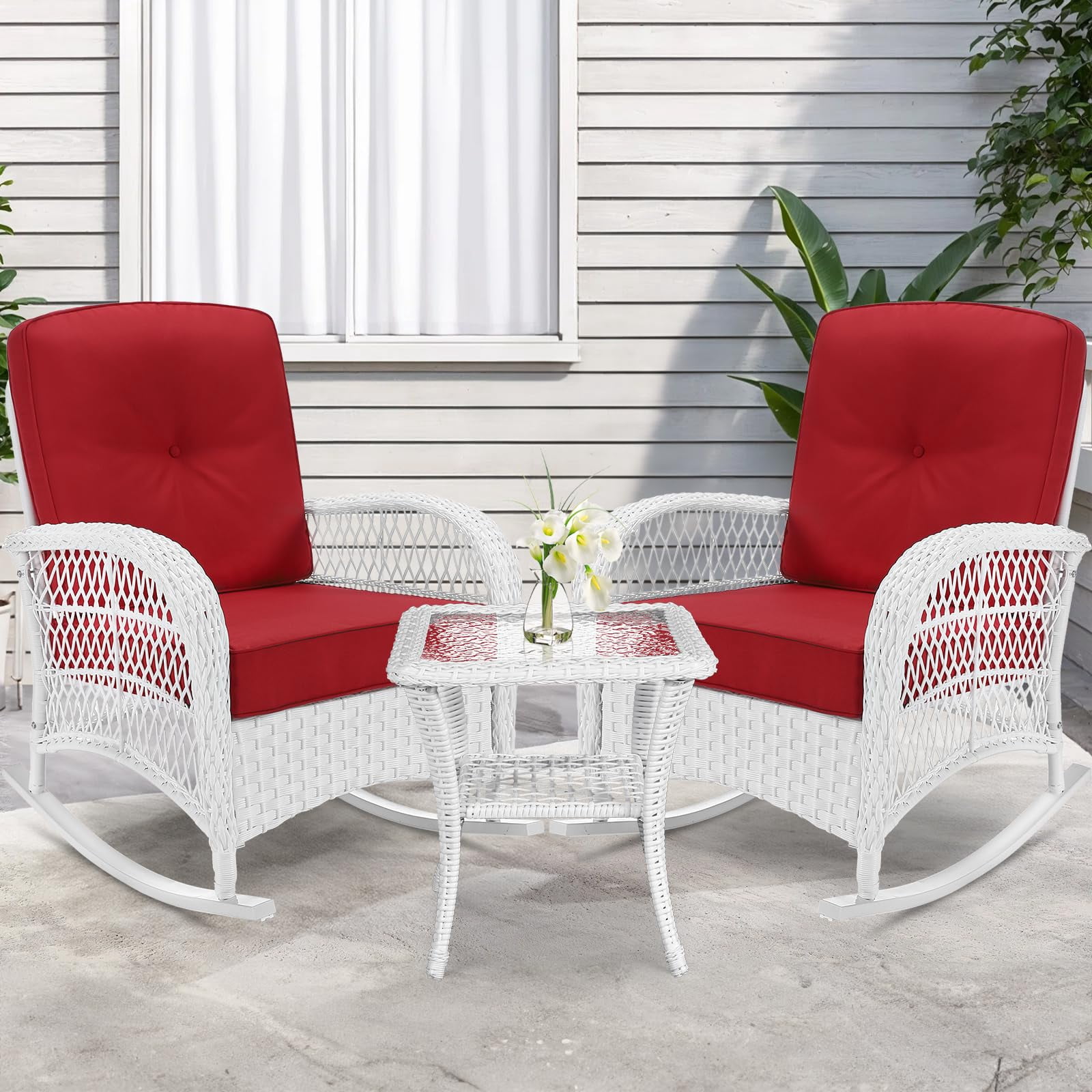 VIVIJASON 3-Piece Outdoor Conversation Bistro Set, Patio Wicker Rocking Chairs Rattan Furniture Sets w/ 2 Rattan Chairs, Cushions, Glass Top Side Table for Garden Porch Backyard (White Wicker/Red)