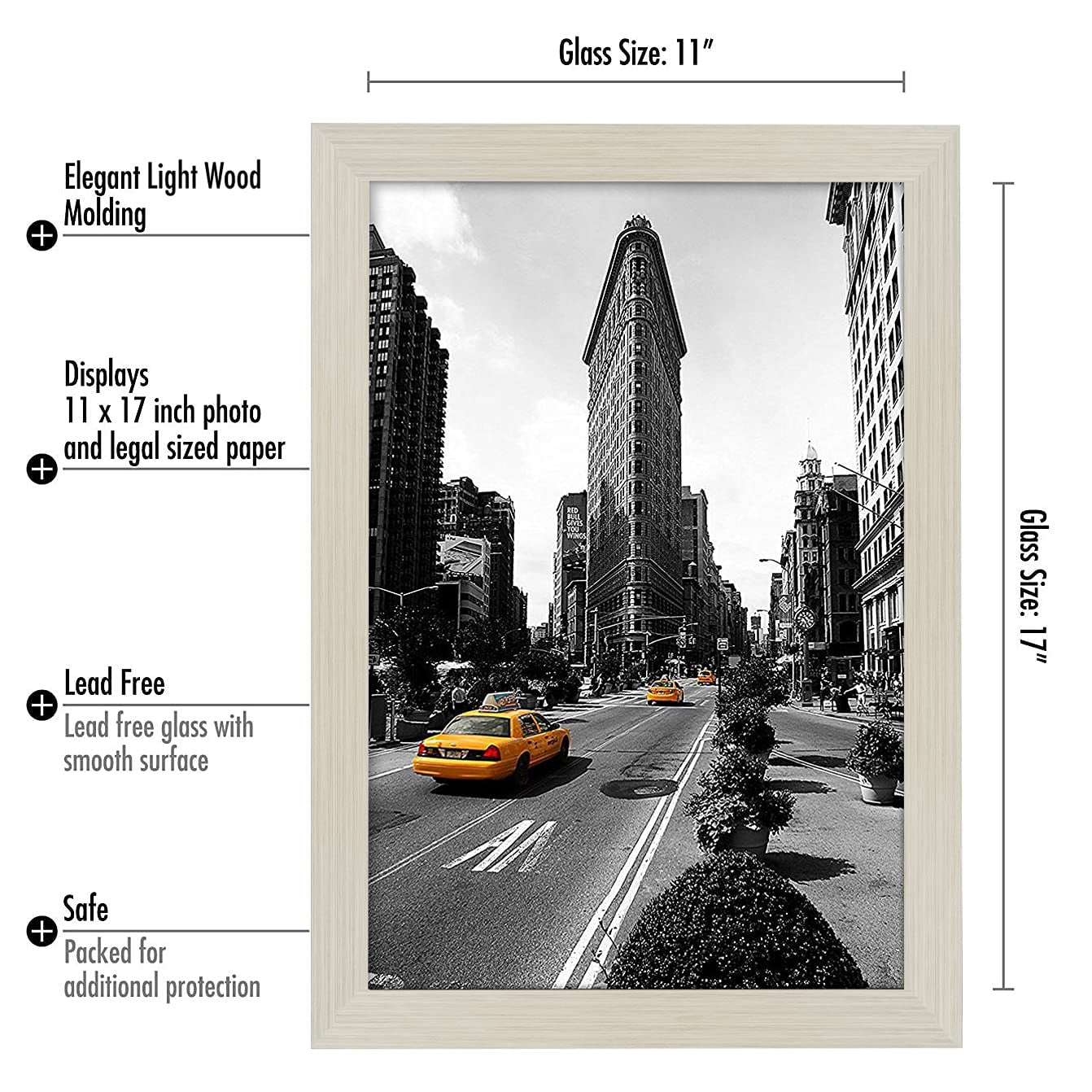 Americanflat 11x17 Light Wood Picture Frame, Legal Sized Paper Display. Shatter-Resistant Glass. Hanging Hardware Included