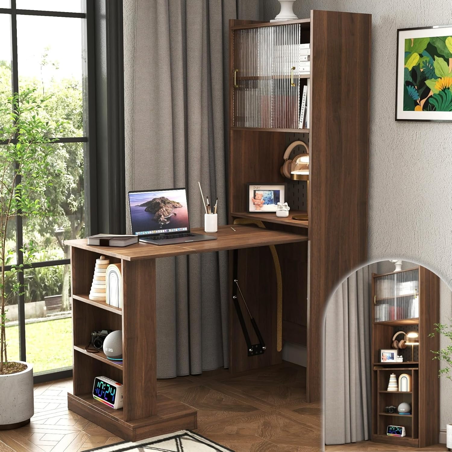 I Folding Home Office Desks with Pegboard, Glass Doors, Bookshelf & Storage Shelves, Modern Wooden Computer Table Workstation for Work, Study, Writin