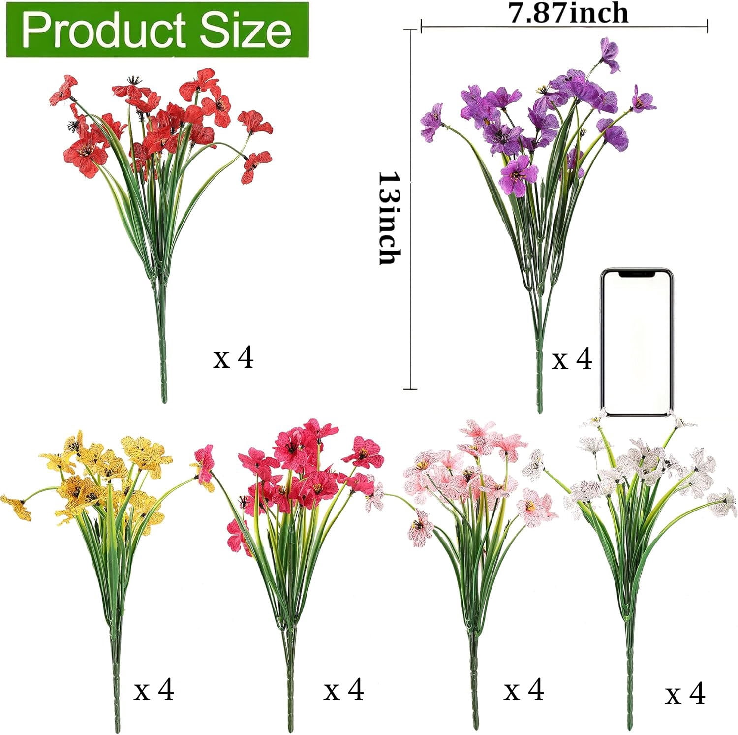 24 Bundles Artificial Flowers for Outdoors, Fake Silk Violet Flowers Faux Plants UV Resistant for Hanging Planters Window Box Front Porch Indoor Outside Decorations (6 Colors Assorted)