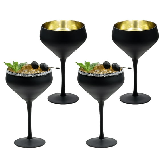 MyGift Set of 4 Matte Black and Gold Martini Cocktail Coupe Glassware