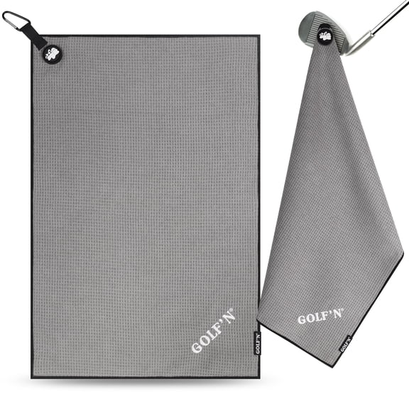 Golf'N Magnetic Microfiber Golf Towel Dark Gray 16" x 24"  with Carabiner Clip