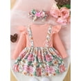thumbnail image 3 of EYIIYE Infant Baby Girl Fall Outfits Toddler Long Sleeve Jumpsuit Dress Bow Front Floral Dress Newborn Crew Neck Suspender Dress with Headband Cute Soft Set, 3 of 9