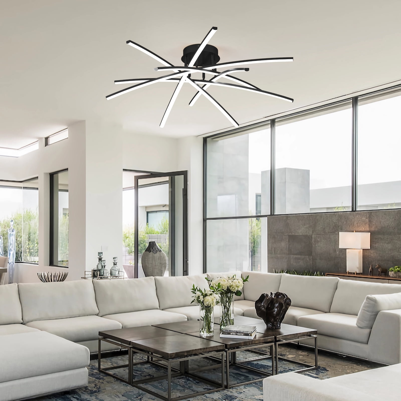 Black LED Chandelier Semi Flush Mount Ceiling Light, 65W Remote Control Ceiling Lighting Fixture for Living Room Dining Room Kitchen Bedroom 32.8” Close to Ceiling Light Dimmable 3000K-6000K