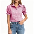 thumbnail image 3 of hoksml Women's Gingham Button-Down Shirt, Collared Puff Short-sleeved Blouse with Pocket, Casual Plaid Daily Office Wear Top, 3 of 7