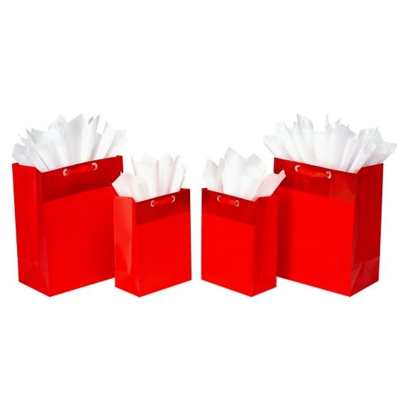 American Greetings Red Gift Bags with Tissue Paper (4 Bags, 2 Large 13", 2 Medium 10" Bags, 15-Sheets)