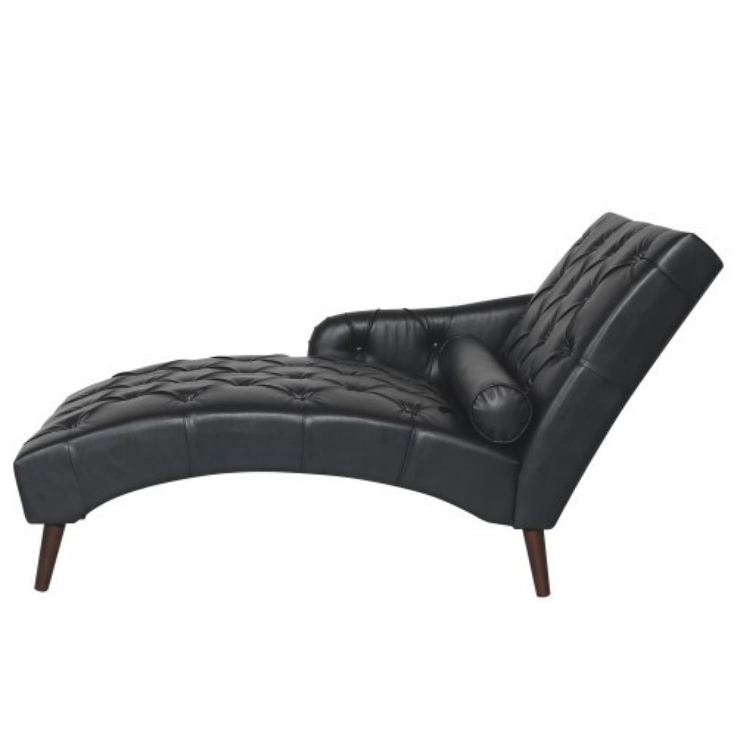 Chaise Lounge Chair with Pillow, Upholstered PU Leather Accent Chair with Tufted Back, Solid Wood Legs & Armrest, Indoor Reading Chaise for Living Room, Bedroom & Office, Black
