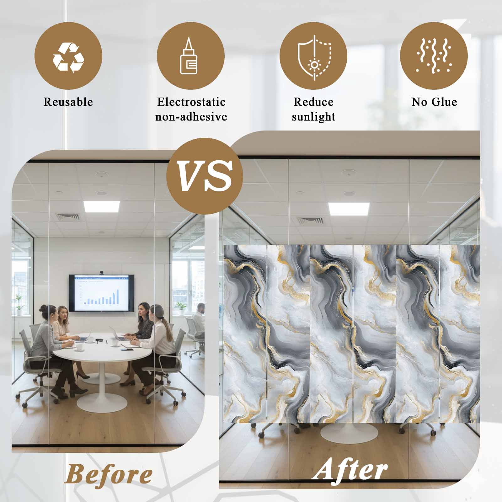 Abstract Marble Window Privacy Film Gradient Black White Gold Texture Decorative Glass Window Film UV Blocking Static Cling Non-Adhesive Sticker Covering for Home Door 35.4x78.7 inches