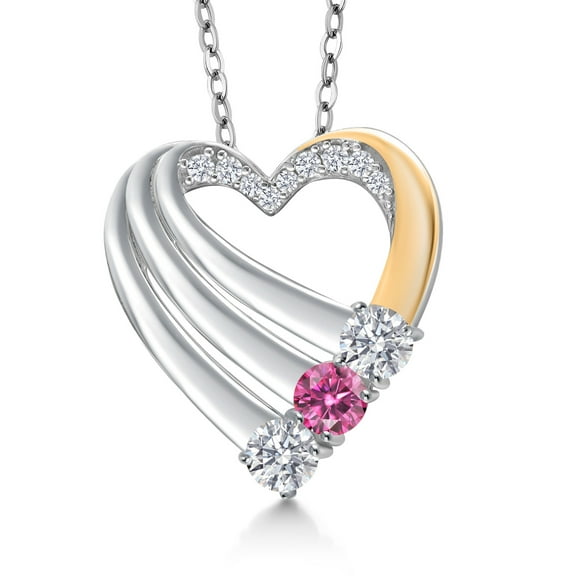 Gem Stone King 925 Silver and 10K Yellow Gold White Lab Grown Diamond and Pink Moissanite Heart Pendant for Women | 0.87 Cttw | Gemstone April Birthstone | With 18 inch Chain