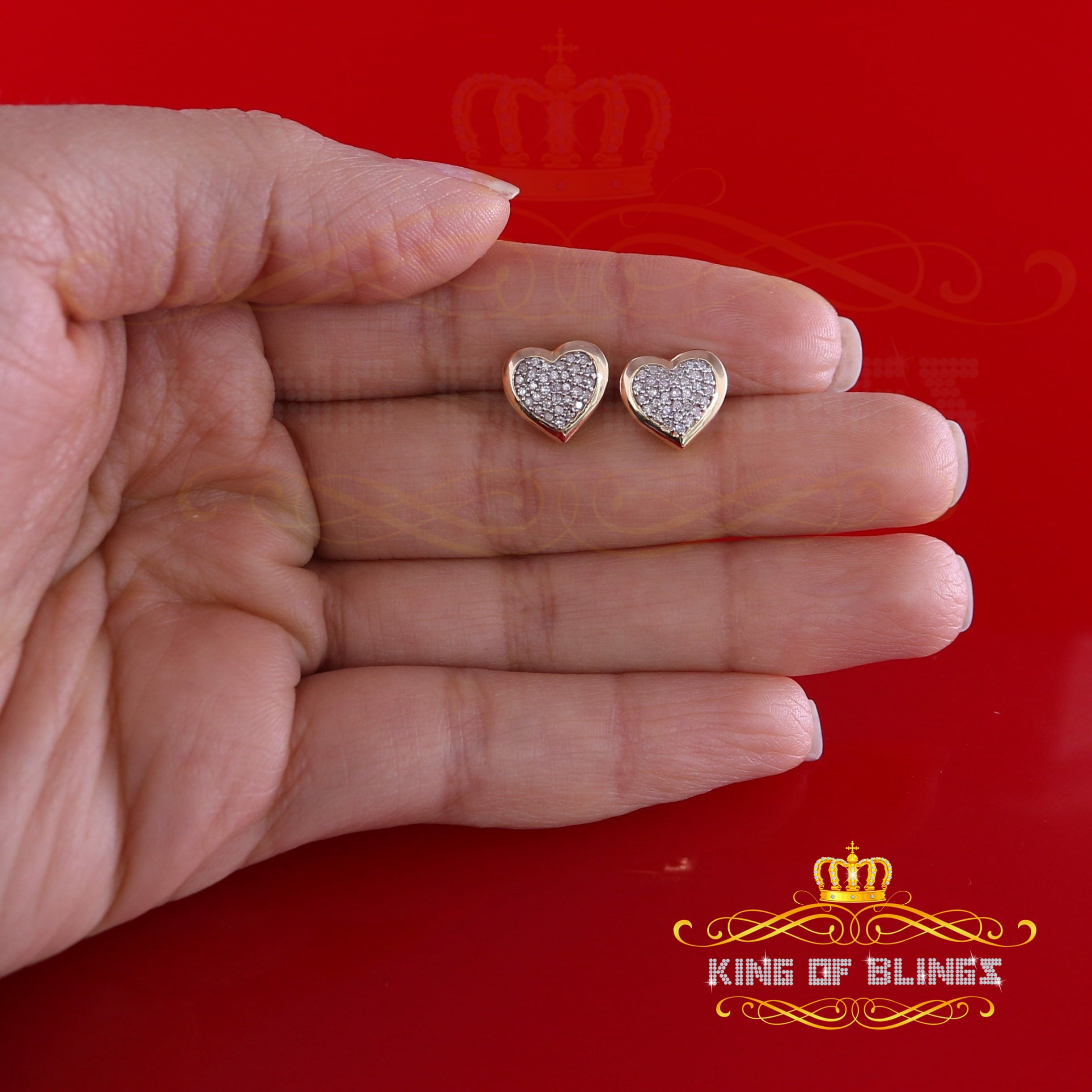 King of Bling's 10K Real Yellow Gold Real Diamond 0.25CT Men's/Women's Stud Micro Heart Earring
