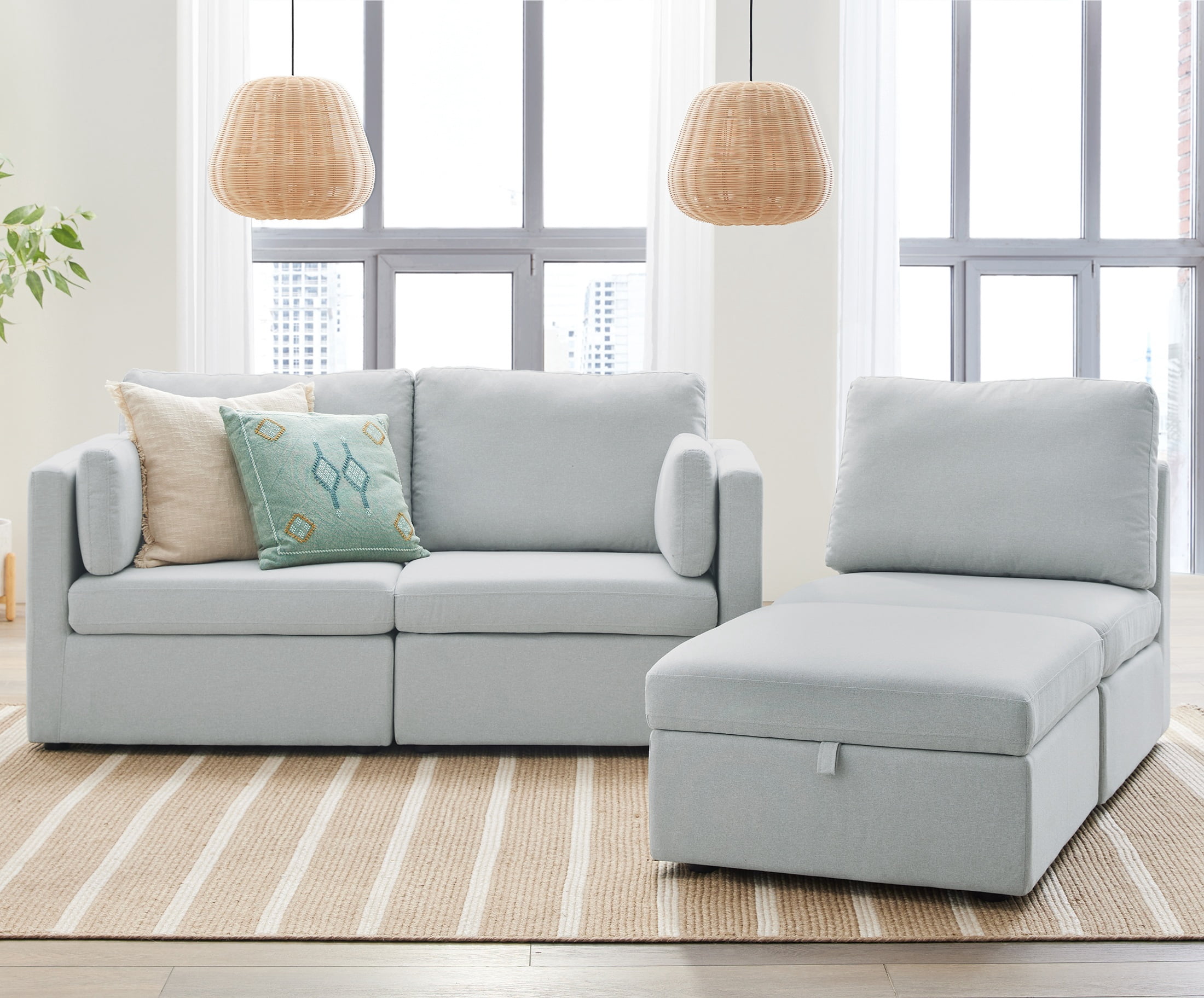Better Homes & Gardens Modular Sectional Sofa with Storage Ottoman, Grey