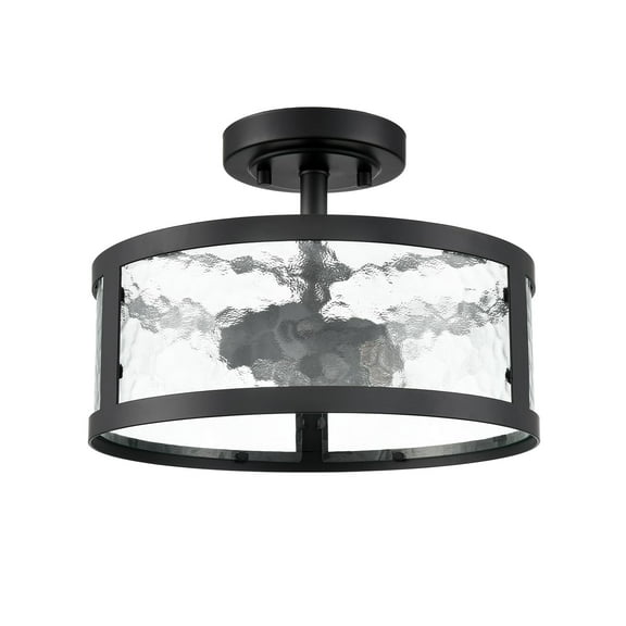 Farmhouse Semi Flush Mount Ceiling Light Black Light Fixtures Ceiling Mount 2-Light with Hammered Glass for Bedroom Kitchen Bathroom Entryway Proch