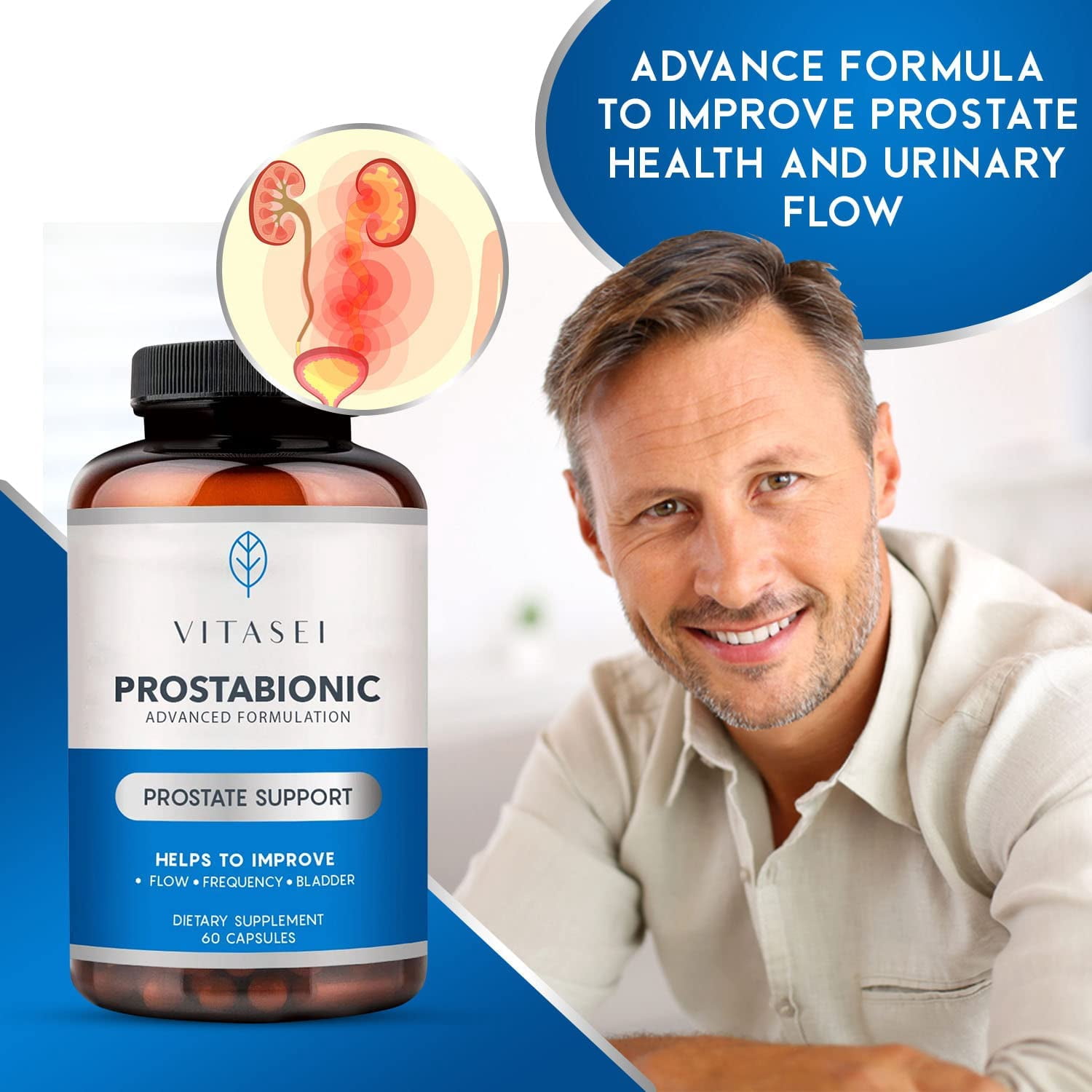 VITASEI Prostabionic Prostate Dietary Supplements for Men W/Saw Palmetto, Bio-quercetin & Pygeum Africanum, Reduce Bathroom Trips, Promotes Sleep & Better Bladder Emptying - 60 Capsules (Pack of 3)