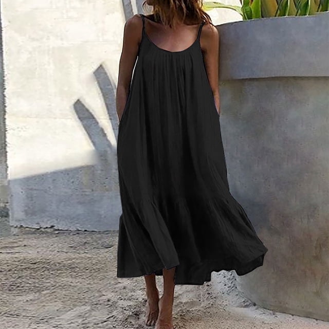 Fankiway Robe Maxi d'Été pour Femmes Décontractée Boho Sans Manches à Bretelles Spaghetti Smockée Robe Longue de Plage Robes d'Été pour Femmes Liquidation Robes pour Femmes Grande Taille Liquidation