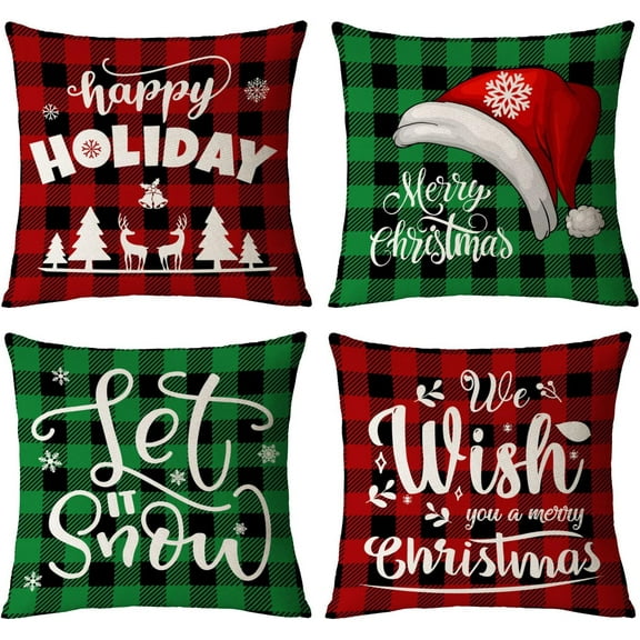 Christmas Pillow Covers 16x16 Set of 4 Red Green Xmas Decorative Throw Pillows Christmas Tree Deer Santa Pillow Cases Home Outdoor Sofa Couch Cushion Covers for Christmas Decorations (16 by 16)