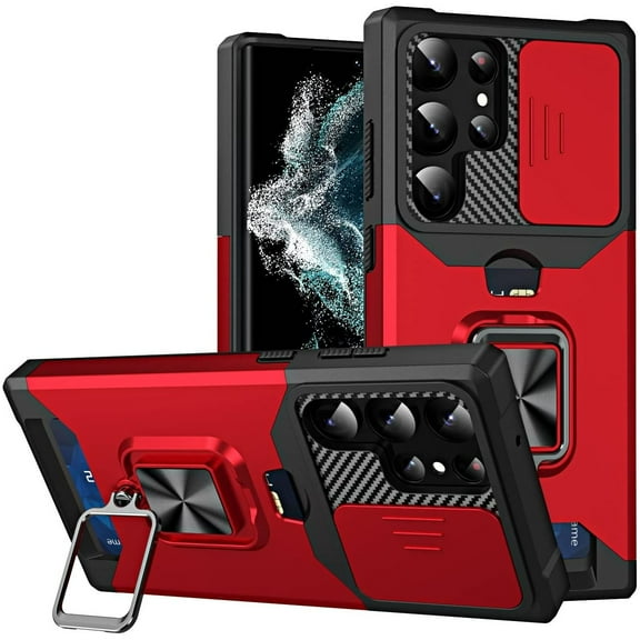 Military Grade All-In-One Ring Stand Card Case for Samsung Galaxy S23 Ultra - Red