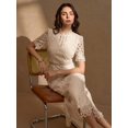 thumbnail image 4 of Apricot Floral Lace High Neck Short Sleeve Sheath Midi Dress, 4 of 30