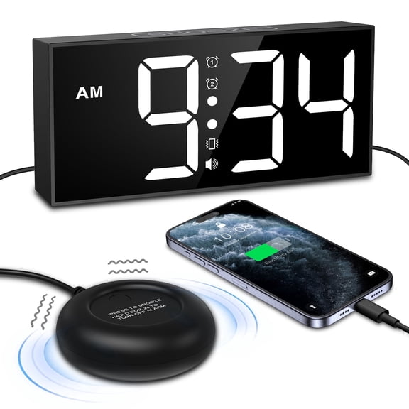 Alarm Clock, AMIR 7.5'' Alarm Clock with Bed Shaker Vibrating Adjustable Volume Snooze Alarm Clock for Hearing Impaired Elderly Heavy Sleepers