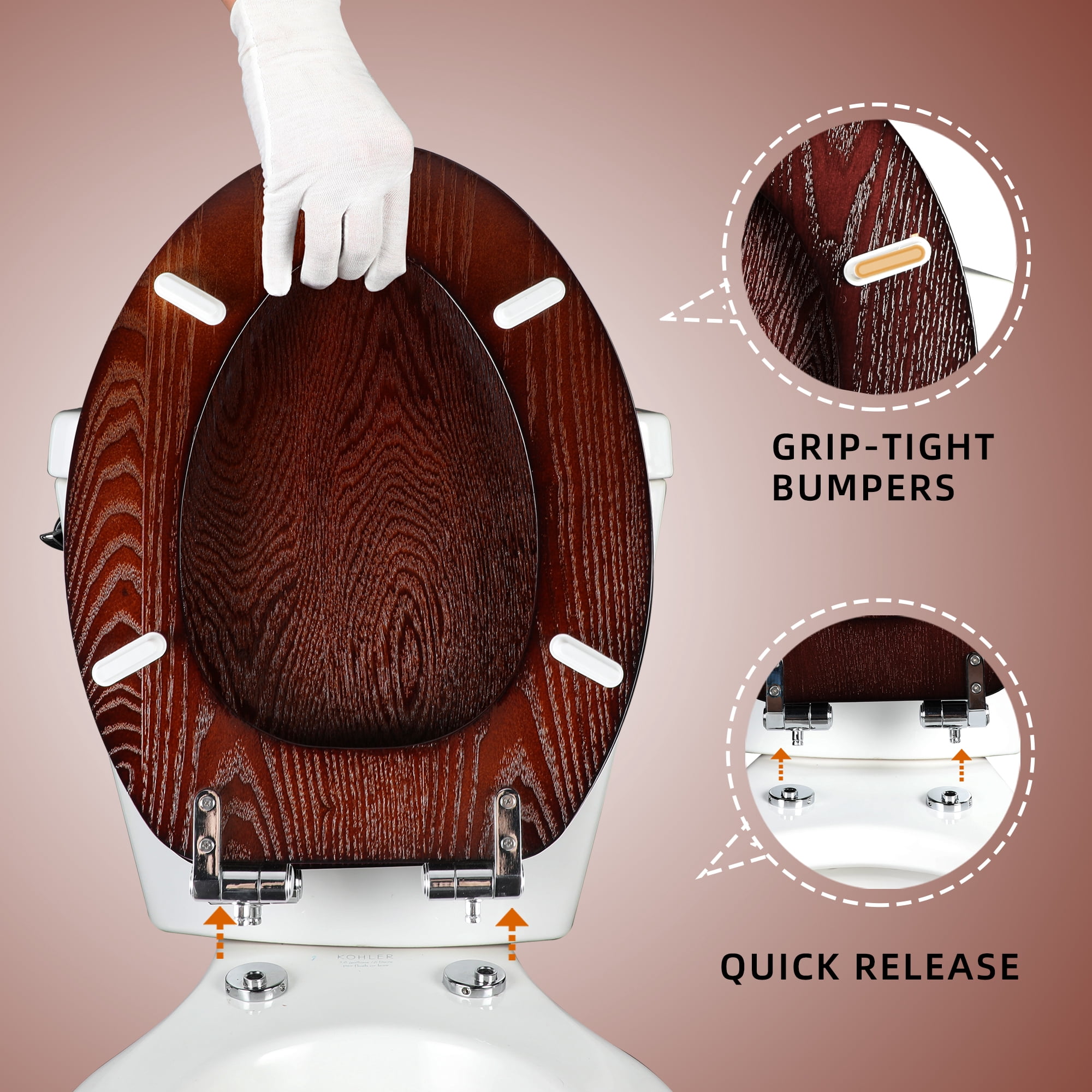 Angol Shiold Wood Elongated Toilet Seat with Quiet Close, Easy Clean, Quick-Release Metal Hinges ( Elongated 18.5'', Dark Walnut )