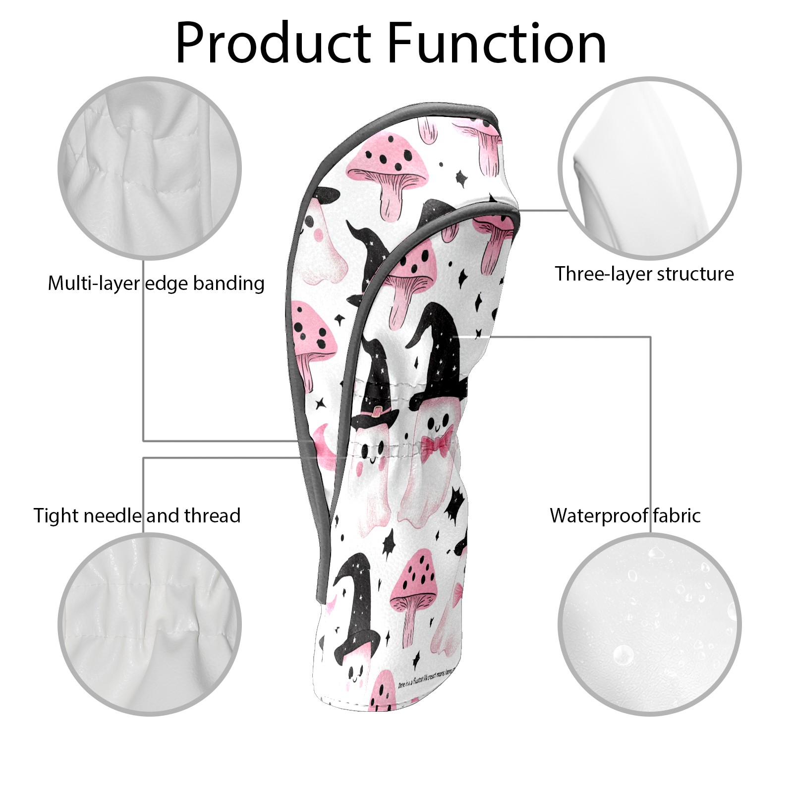 Golf Club Covers, LightPink MushroomGhost Premium PU Leather Driver Hybrid Putter Head Covers with Velvet Lining, Waterproof Golf Gifts for Men Women