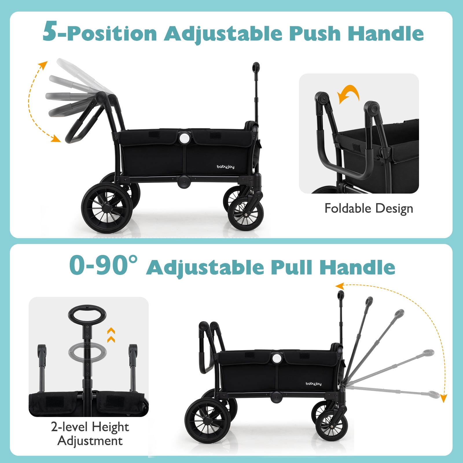 Infans Wagon Stroller for 2 Kids Push Pull Double Stroller with Adjustable Handle