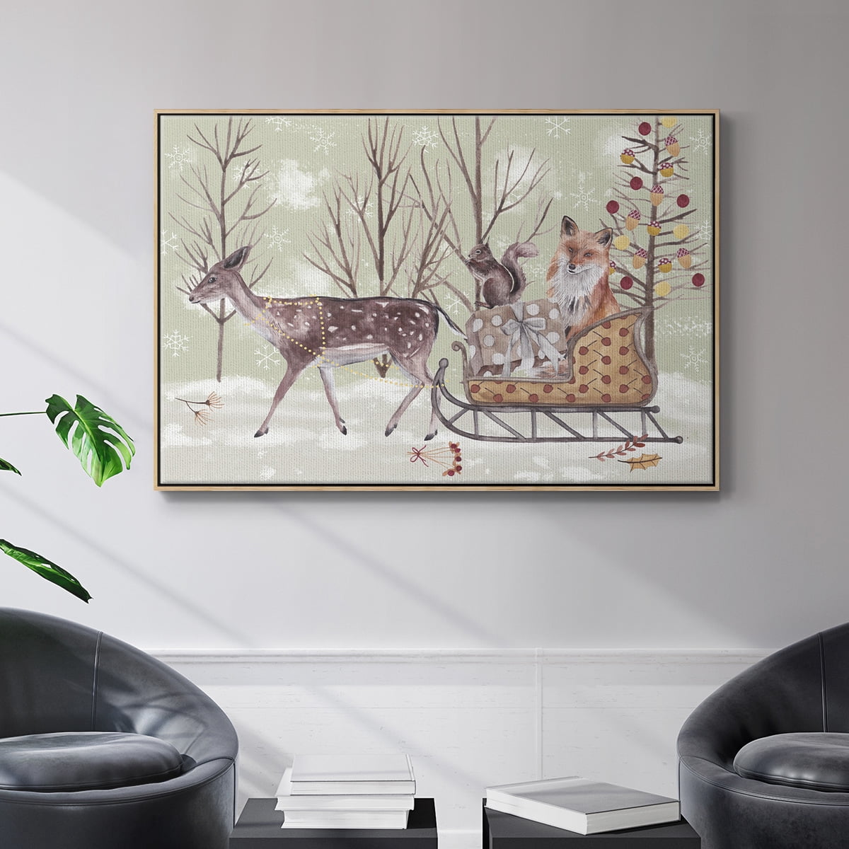 Christmas Time Collection A - Framed Gallery Wrapped Holiday Canvas - 25 x 37 - Natural Wood Frame