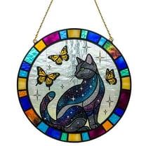 Stained Glass Cat Garden Suncatcher, 20 Inch Handmade Hanging Ornament Pre-Tied Ribbon Cute Window Garden Car Decor