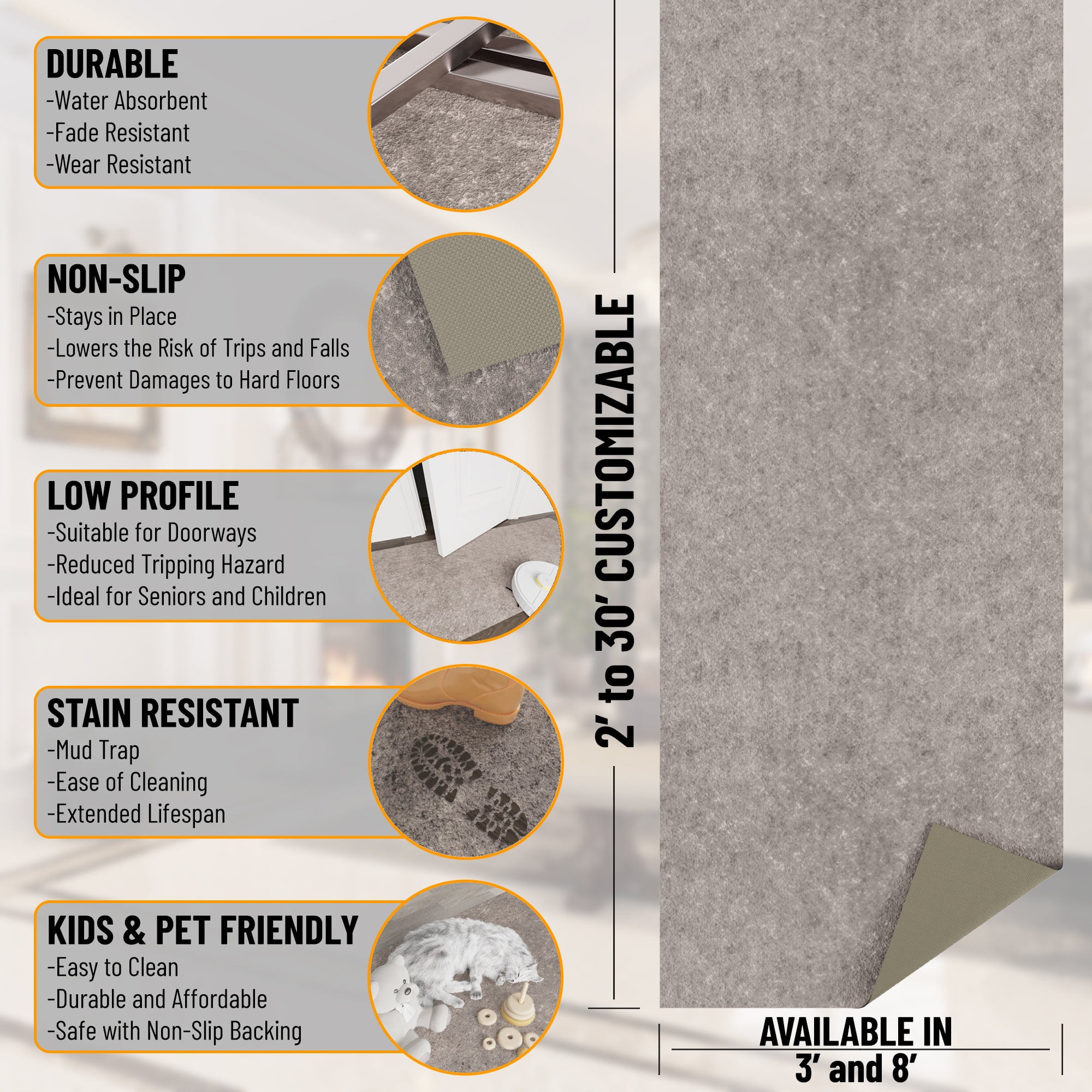 Ottomanson Absorbent Non-Slip Area Rug Pad Dual Surface Safe for Hardwood & Carpet, 5' x 8'