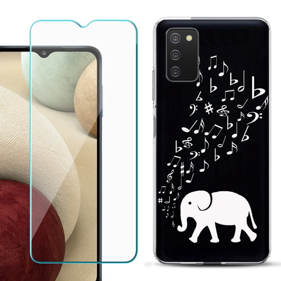 Slim-Fit TPU Fashion Phone Case for Samsung Galaxy A03s, with Tempered Glass Screen Protector, by OneToughShield ® - Elephant Music