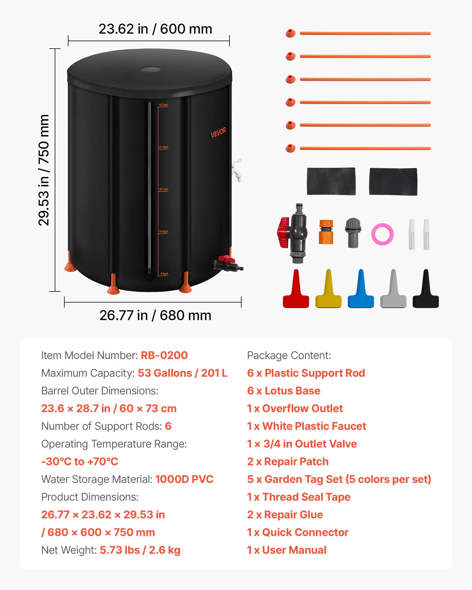 VEVOR Collapsible Rain Barrel, 53 Gallon Portable Rain Water Collection Barrel, 1000D PVC Rainwater Collection System, Garden Water Catcher Tank Storage Container with Spigot & Overflow Kit, Black