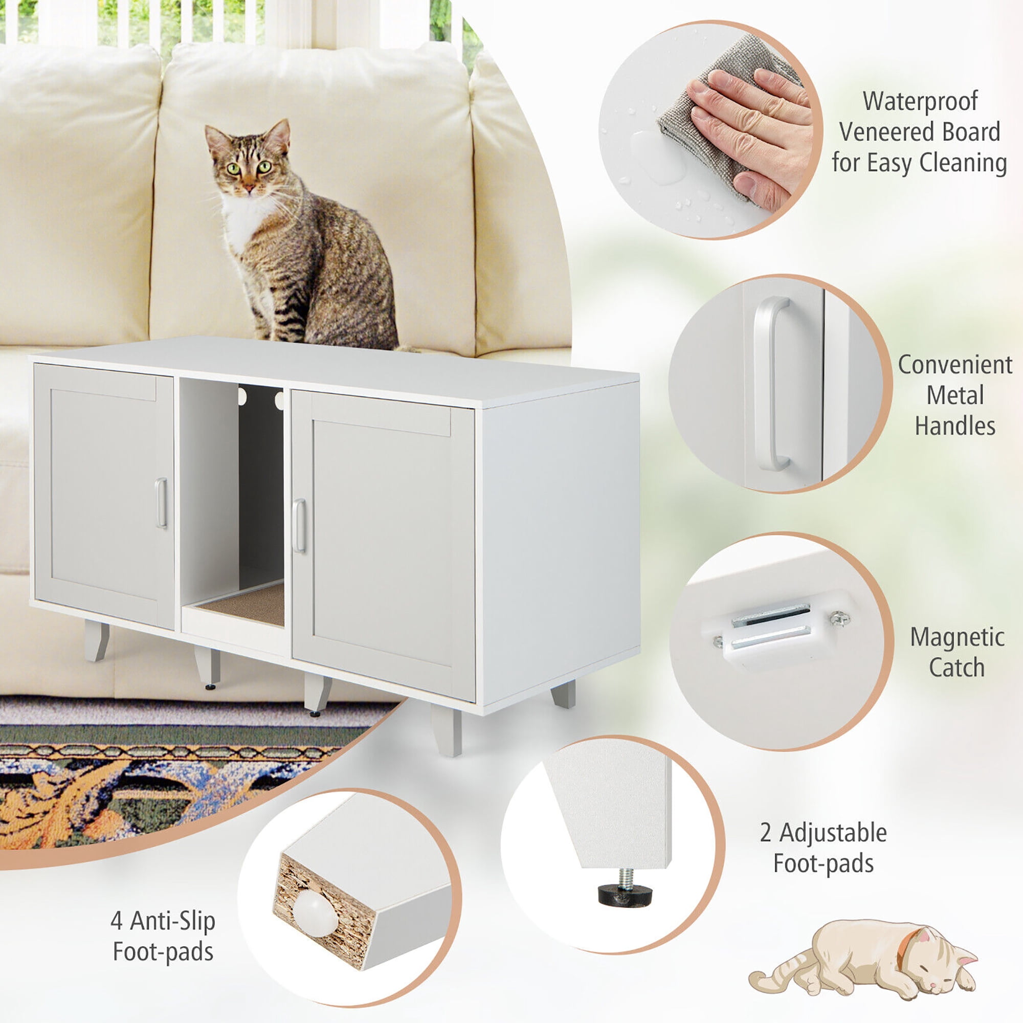 Gymax Cat Litter Box Enclosure Hidden Cat Washroom w/ 2 Doors Grey Patented
