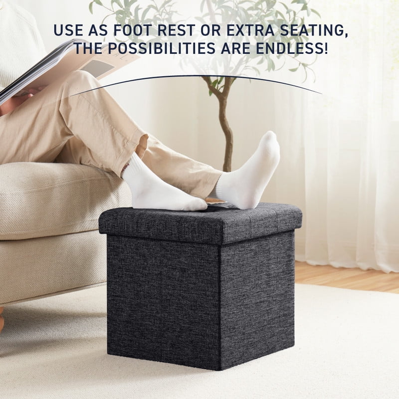 Ornavo Home 2 Pack 15 Inch Folding Storage Ottoman with Storage, Square Cube Linen Small Storage Ottoman Foot Rest Stool - Black