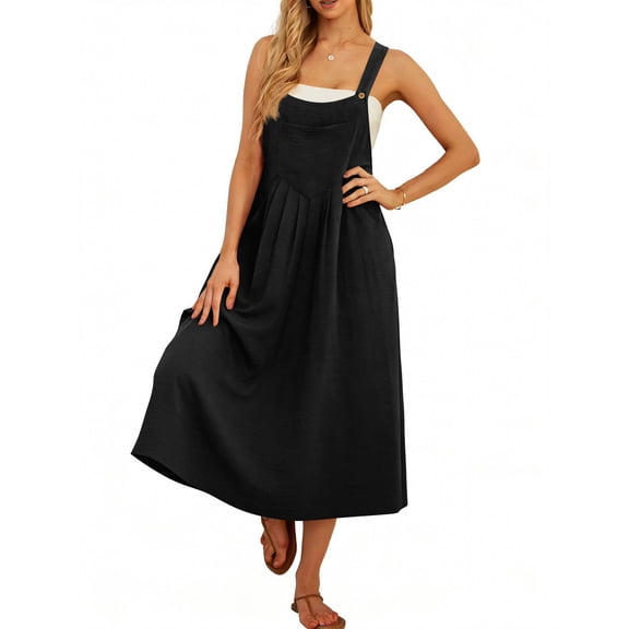 Jumper Dress Overalls for Women Loose Version Baggy Style Length Adjustable Straps Wide Hemline Black 2XL