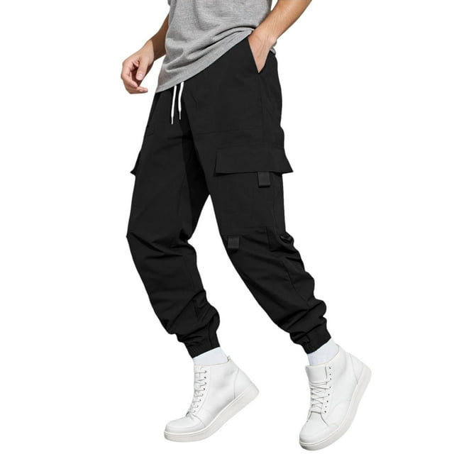 Pantalones cargo para hombre con cordón elástico en la cintura, pierna recta, bolsillos laterales y traseros, poliéster ligero, para uso informal/deportes al aire libre, tallas S-XXL