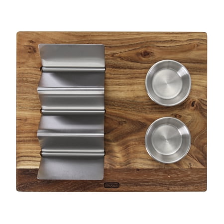 Dexas Acacia Wood Taco Serving Board with Two 2oz Stainless Steel Cups and Taco Holder