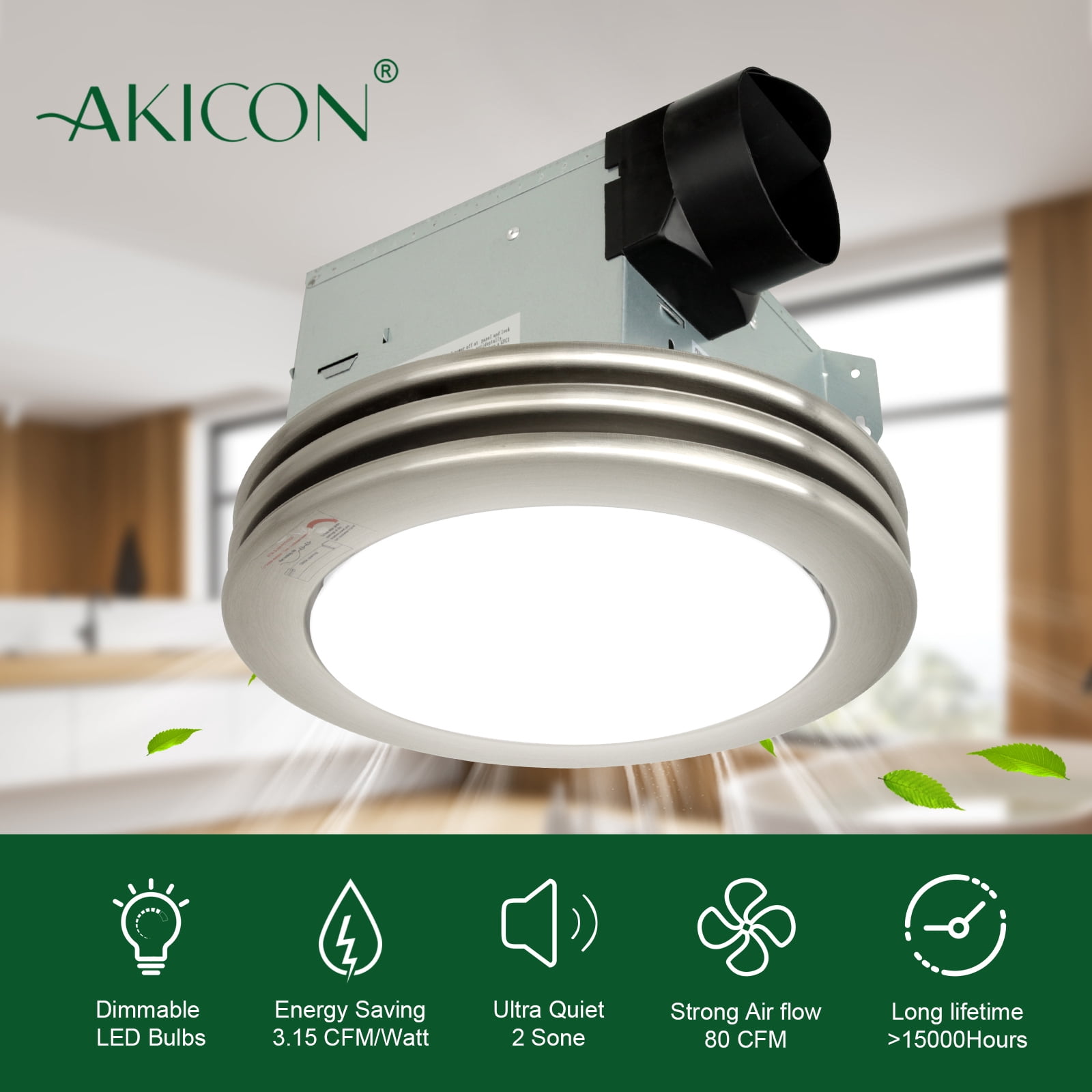 Akicon Bathroom Exhaust Fan with LED Light 80CFM 2.0 Sones with Frosted Glass Cover Brushed Nickel