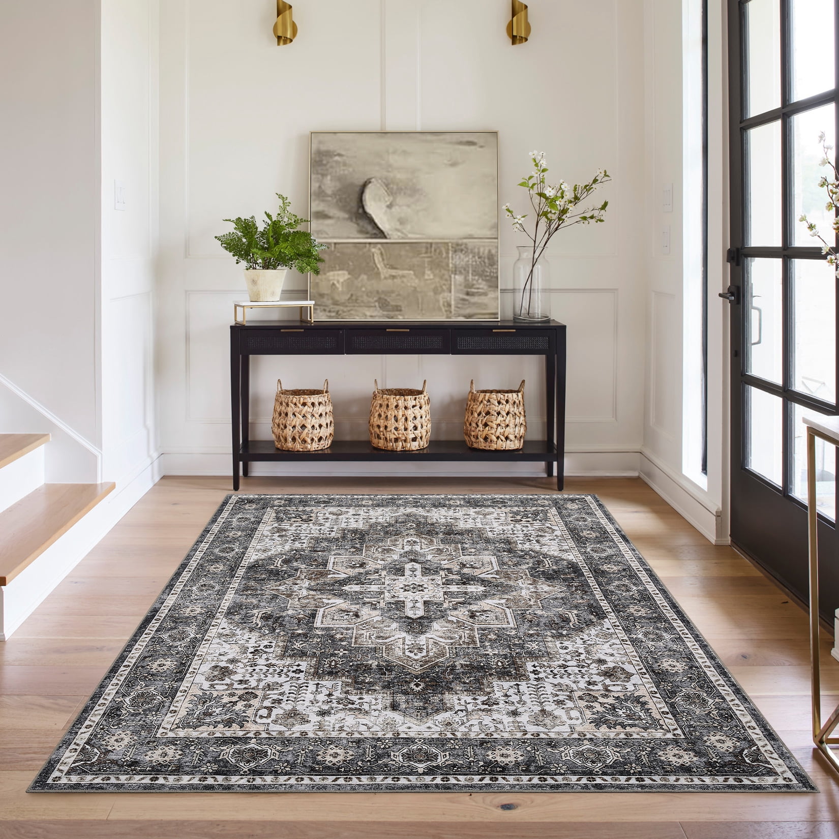 FairOnly 5'x7'Vintage Distressed Floral Machine Washable Area Rug for Bedroom Non Slip Low Pile Floor Cover for Dinning Room Kitchen Living Room,Camel