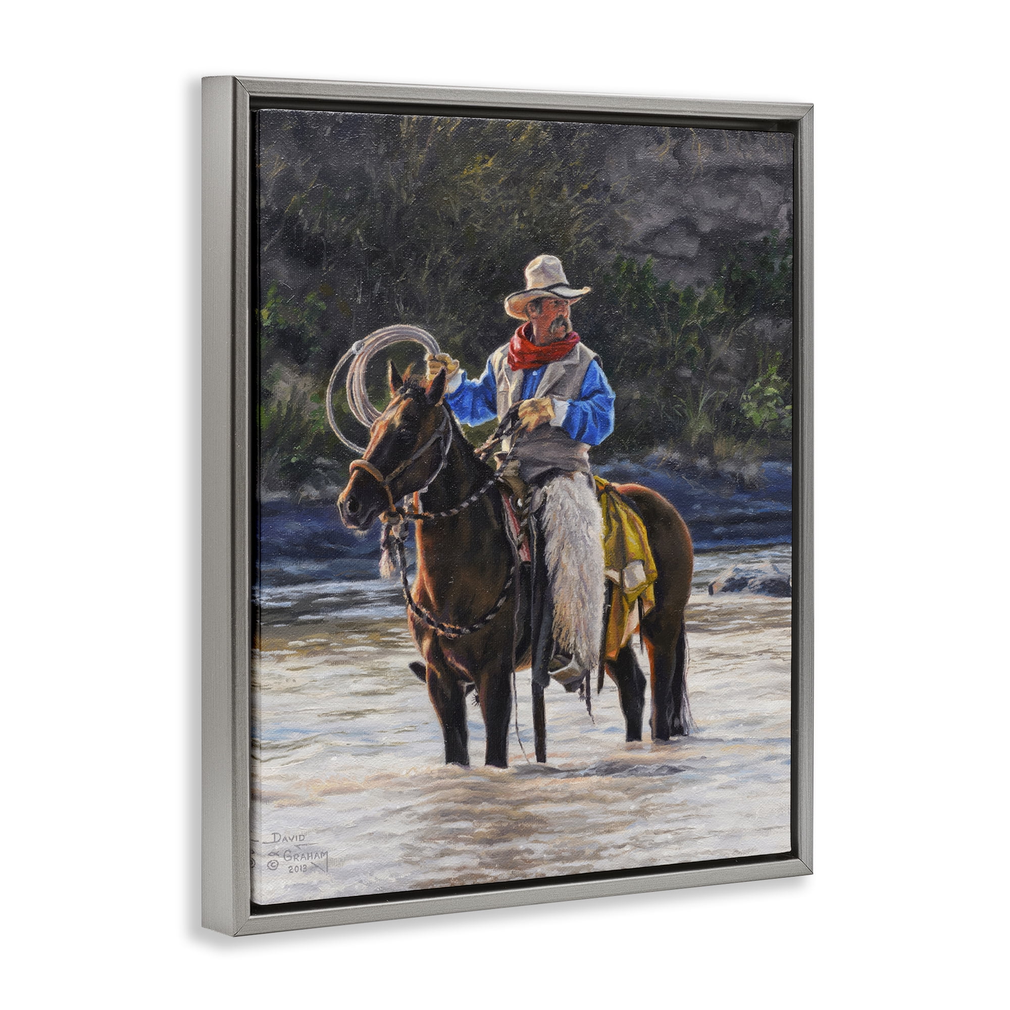 Stupell Industries Cowboy & River Passage People Painting Gray Floater Framed Canvas Art Print Wall Art, 17 x 21