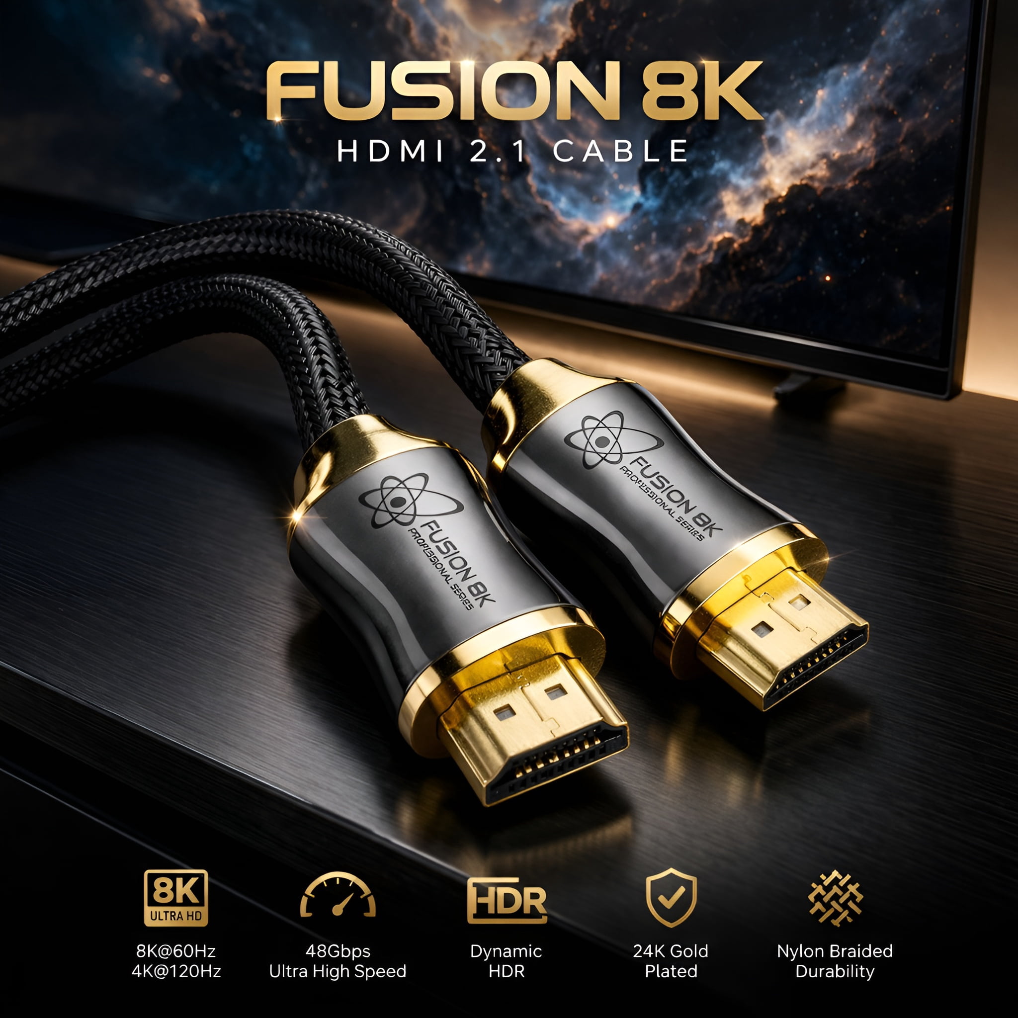 Fusion8K HDMI 2.1 Cable 6ft - Certified 48Gbps 8K 4K 120Hz, Nylon Braided for PS5 Xbox Series X, HDR eARC VRR ALLM, Black
