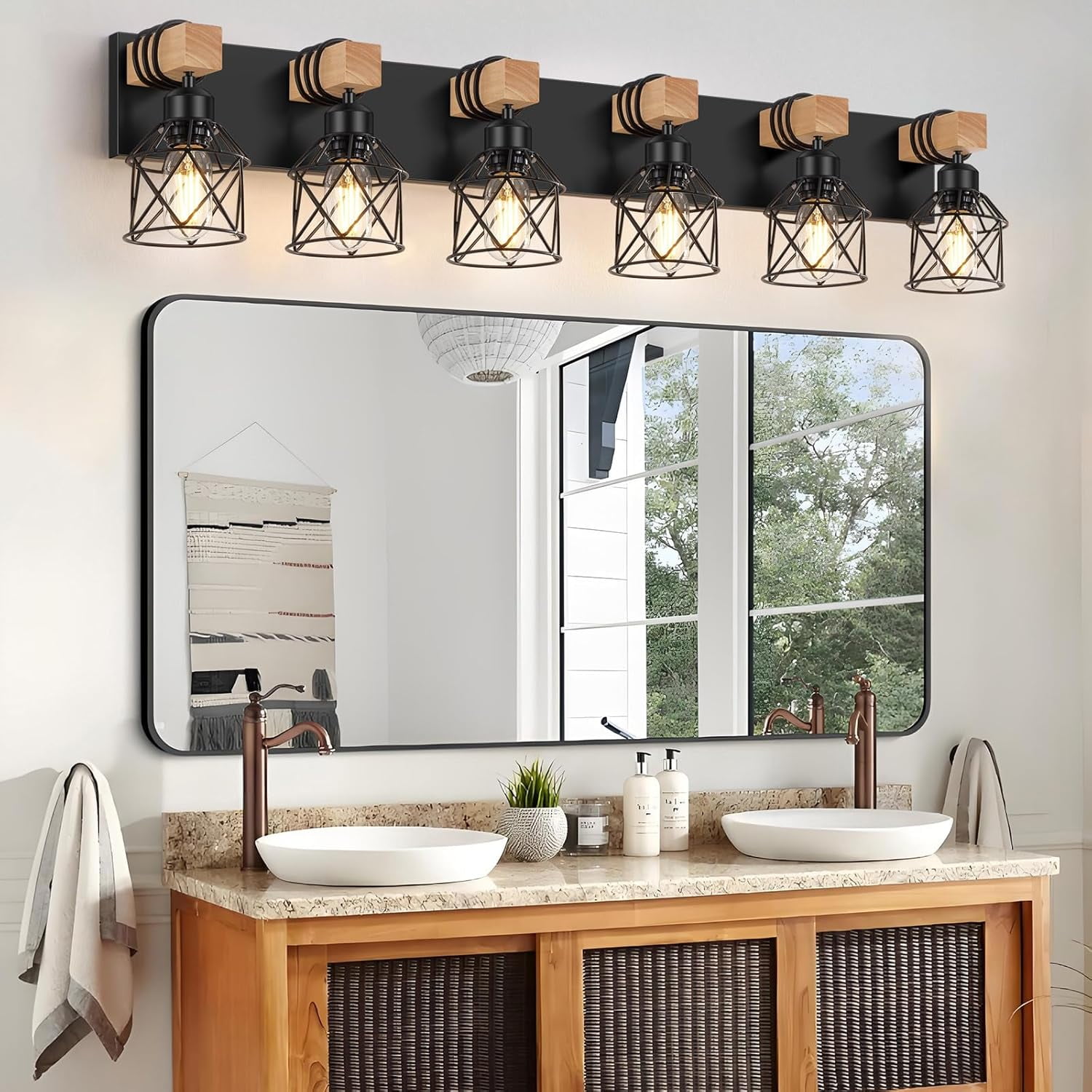 6-Light Farmhouse Bathroom Lighting Fixtures, Wood Black Vanity Lights Over Mirror, Rustic Wall Sconces Lighting with Metal Lampshade, Vintage Wall Lights for Bedroom, Living Room, Hallway