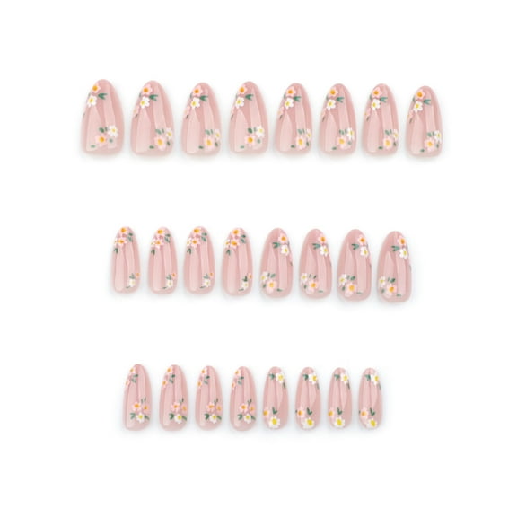Aurgiarme 24 Pcs Almond Shape Press On Nails Flowers False Nails Sweet Acrylic Nails Glossy Full Covers Stick on Nails for Woman
