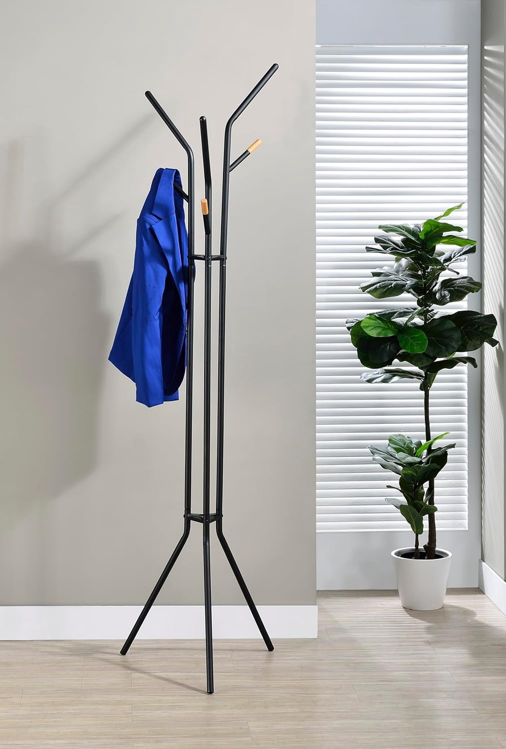 Proman Products Cali Tripod Metal Coat Tree Rack with 6 Hooks for Entryway, Office, Black